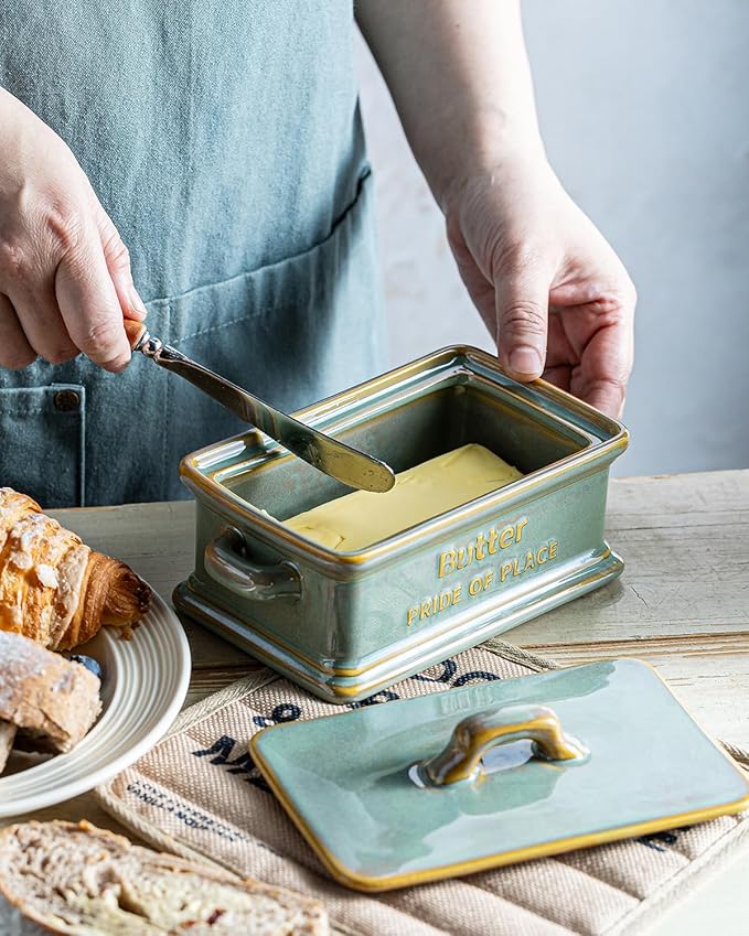Butter Dish with Lid, Ceramic Butter Holder Container Large Butter Dish for Countertop Farmhouse Decor for Thanksgiving, Christmas Butter Keeper for East West Coast Butter, Green