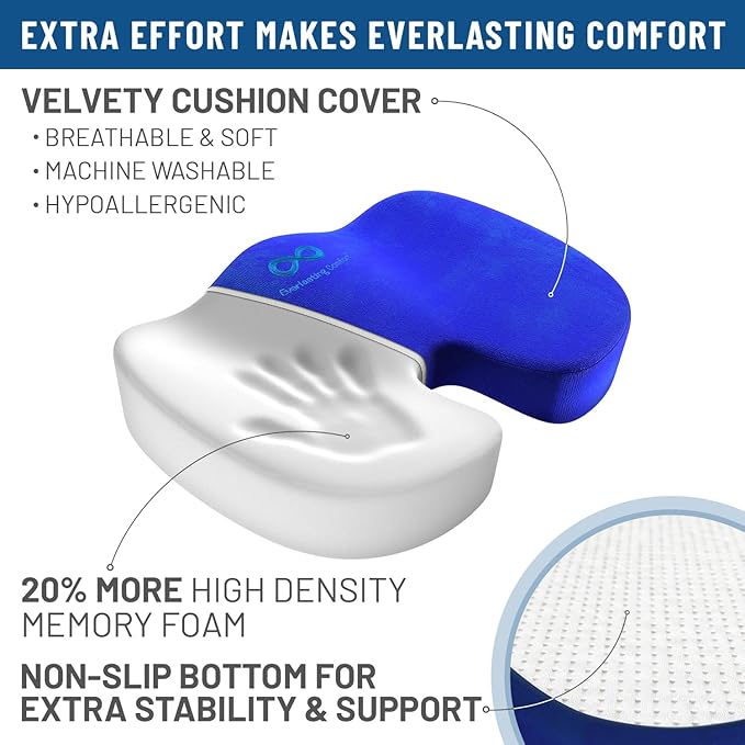 Everlasting Comfort Doctor Recommended Memory Foam Seat Cushion for Office Chairs & Car Seat - Ergonomic Office Desk Accessories for Tailbone Pain Relief, Sciatica & Back Support
