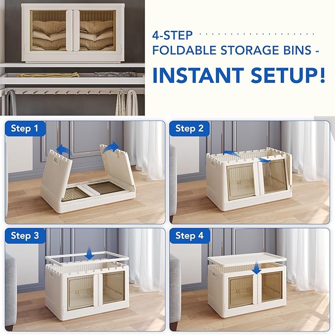 FLEXIMOUNTS 152 QT Stackable Storage Bins With Lids, Collapsible Plastic Storage Bins, Closet Organizers and Containers with Doors and Built-in Wheels For Home, 2 Pack Cubes, Milky White