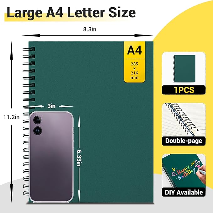 EUSOAR Notebooks for School, 1 Pack A4 8.3"x11.2" Hardcover Spiral Lined Journal College Ruled, 240 Pages(120 Sheets) Writing Pads Professional Notebook for DIY Note Taking Business Work Office