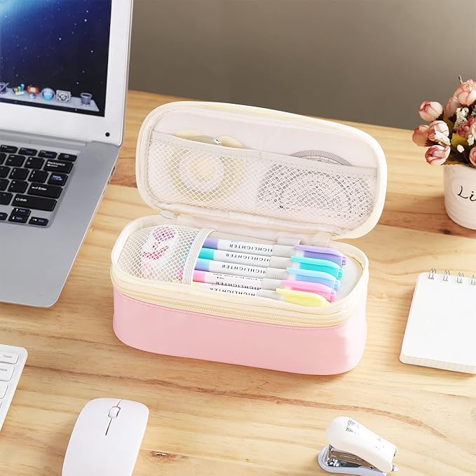 Dugio Big Pencil Case for Girls Organizer Pencil Bag with Zipper Pencil Pouch for School Teens Kids Aesthetic Large Pencil Pouch Pink