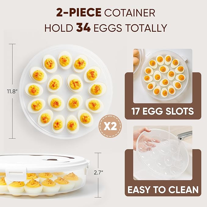 77L 2-Pack Deviled Egg Container with Lid – 34-Egg Platter with Handle, Stackable & Portable Carrier for Parties, Holidays, Camping, and Fridge Storage