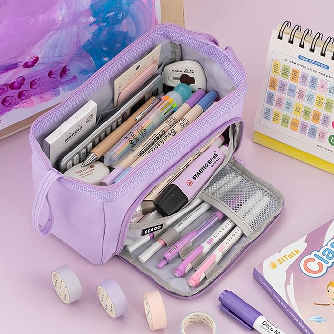 MAMUNU Pencil Case Pouch Large Capacity with Compartments, Pencil Case Pouch Bag with Zipper Handle for Teen Girls Adults Women, Portable Pen Bag Stationery Organizer for Office School Travel, Purple