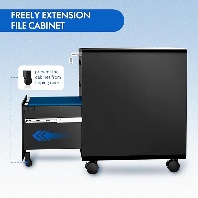 FLEXISPOT Metal File Cabinet for Home Office Mobile File Cabinet with Lock 3 Drawer Filing Cabinets for Legal/Letter/A4 File, Round Corner Design,Black