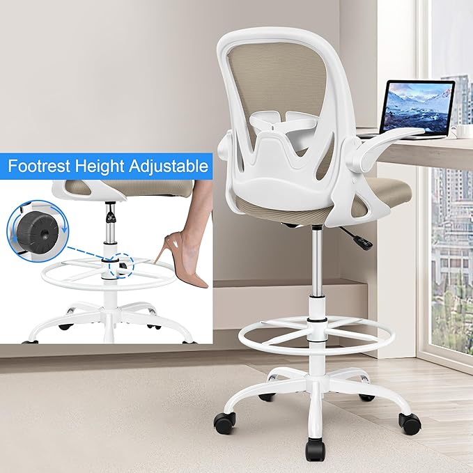 Primy Drafting Chair Tall Office Chair with Flip-up Armrests Executive Ergonomic Computer Standing Desk Chair with Lumbar Support and Adjustable Footrest Ring(Khaki)