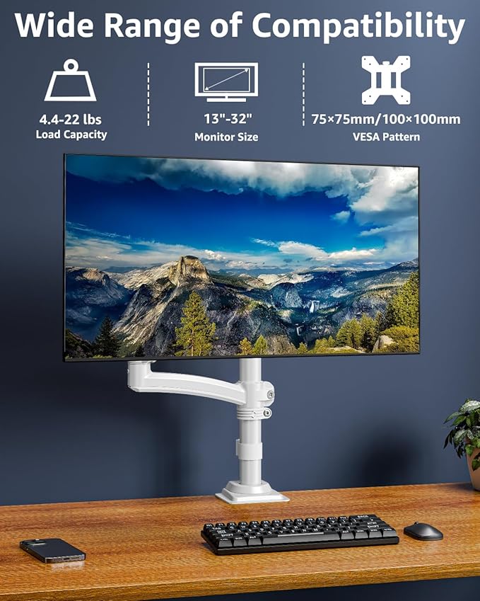 Single Monitor Arm Holds 4.4-22lbs, Monitor Stand for Desk, Height Adjustable Monitors Mount for 32 27 24 22inch, Full-Motion Monitors Desk Mount with C-Clamp&Grommet Base, Freelift White