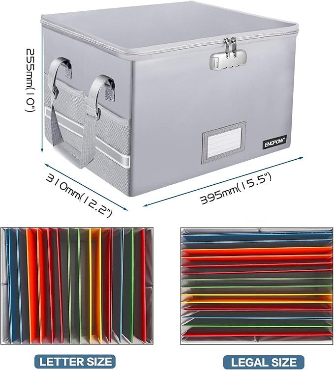 ENGPOW File Box with Lock, Fireproof Document Box with Zipper&Pockets, Collapsible File Organizer Filing Storage Cabinet with Handle, Portable Home Office Safe for Hanging Letter/Legal Folder,Silver