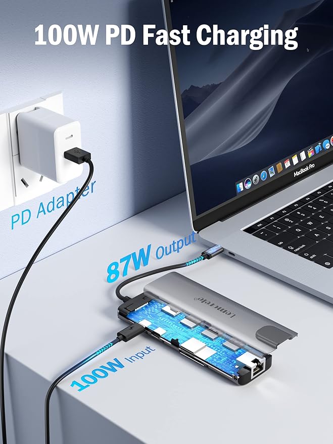 Lemorele USB C Hub Multiport Adapter 9 in 1 w/Gigabit Ethernet, 100W PD, HDMI 4K, 3 USB 2.0, 5Gbps USB C Data Port, SD/TF Card Reader, Dongle Docking Station for MacBook Lenovo HP Dell Laptops