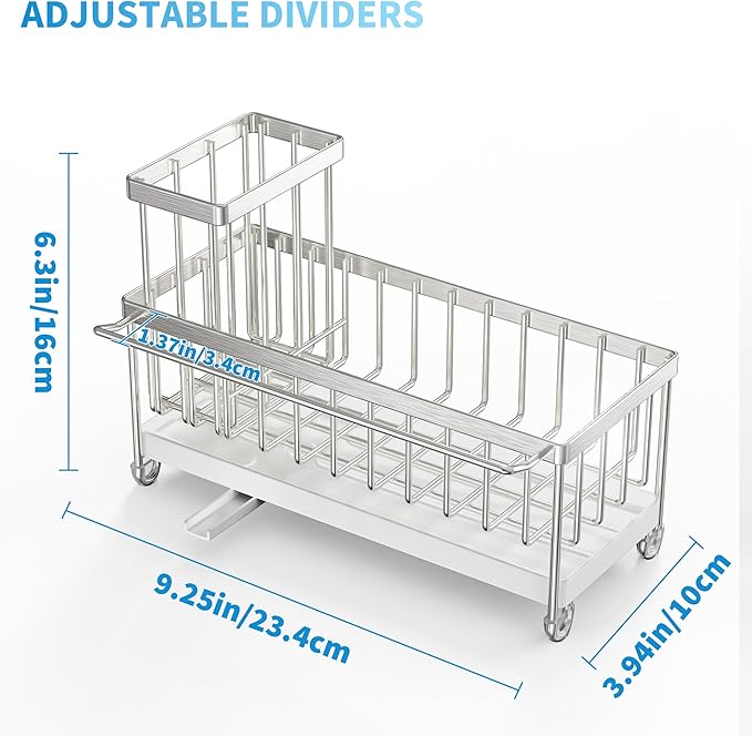 Cisily Stainless Steel Sponge Holder for Kitchen Sink with Towel Rack, Sink Caddy with Kitchen High Brush Holder, Organzier Rustproof 304 Stainless Steel Dish Organizer Divider, Soap Dispenser Storage