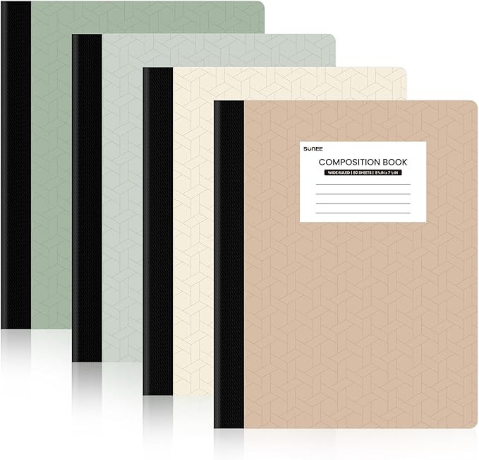 SUNEE Composition Notebooks - Wide Ruled Paper, 4 Pack Composition Book, 9 3/4" x 7 1/2", 80 Sheets/160 Pages, Assorted Morandi Colors, School & Office Supplies