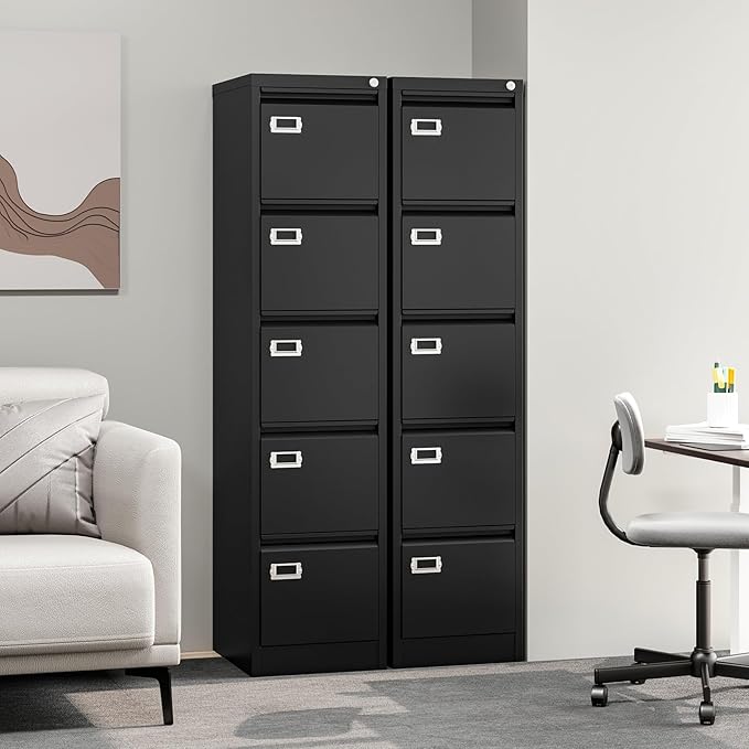 5-Drawer File Cabinet, 16.3" Deep Vertical Metal Filing Cabinet with Lock for Home Office, Anti-Tip 5 Storage Drawers for Letter/Legal/A4/F4 Size (Assemble Required, Black)