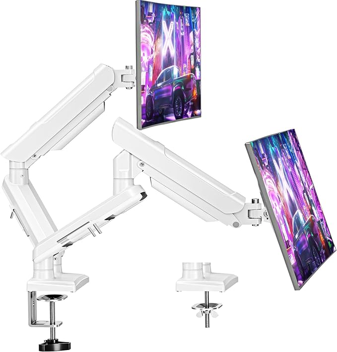 Dual Monitor Mount for 32 27 24 22inch Screens, Gas Spring Monitor Stand for 2 Monitor, Full Adjustable Monitors Desk Mount with C-Clamp&Grommet Base, Each Arm Holds 4.4-22 lbs, Freelift Pro White