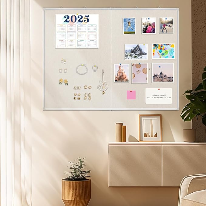 Double-Sided Large Cork Board with Linen, 60" x 40" Foldable Hanging Aluminum Framed Bulletin Board, Vision Board Pin Board Corkboards for Walls, Office, School Decor, 20 Pushpins