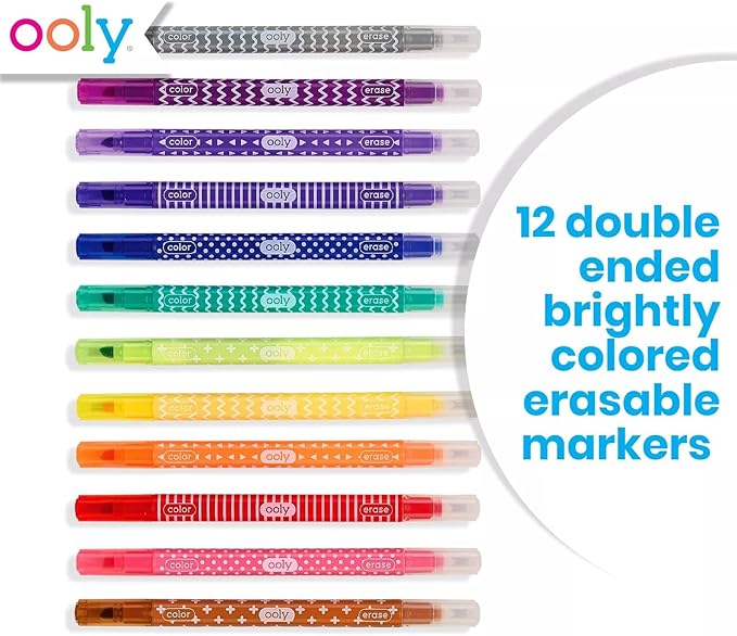 Ooly Make No Mistake Erasable Markers, Stress and Mess Free Marker Pack You Can Erase, Drawing & Coloring Pens for Kids and Adults, Colorful Back to School Supplies for Any Arts & Crafts, Set of 12