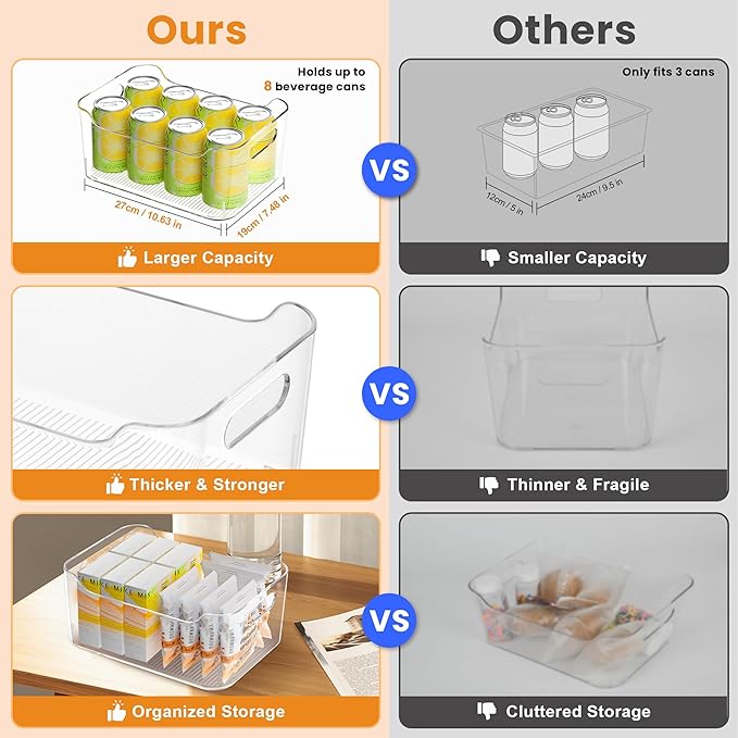 Clear Plastic Storage Bins-Pantry Organizers & Storage Containers-Refrigerator Organizer Bins with Handle - Home Organization Must Haves for Kitchen(Clear 4 Pack-Large)