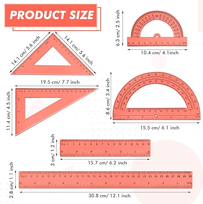 Tenare 6 Pcs Plastic Ruler Math Set Includes 12 Inch 6 Inch Straight Protractor Triangle Geometry Transparent Math Ruler Measuring Tools for School Office Home (Orange)