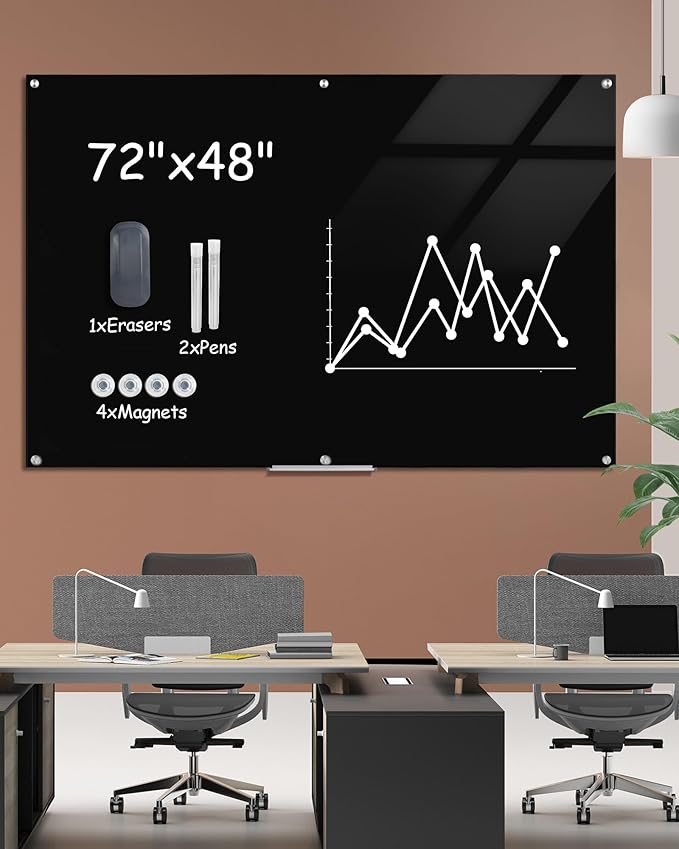 Magnetic Glass Whiteboard,72"x48" Wall Mounted Frameless Dry Erase Board for Office, Home & School Black