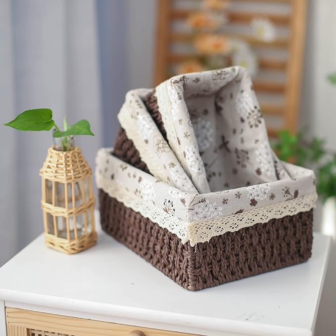 Storage Baskets Set of 3,Decorative Paper Rope Woven storage Baskets with Liner,Rectangular Storage Bins Container for Makeup Bedroom Shelves Organizing,Home Deco, Brown