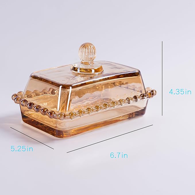 Glass Butter Dish with Lid for Countertop, Champagne Color Crystal Covered Butter Stick Holder Tray, Glass Butter Storage Container for Refrigerator