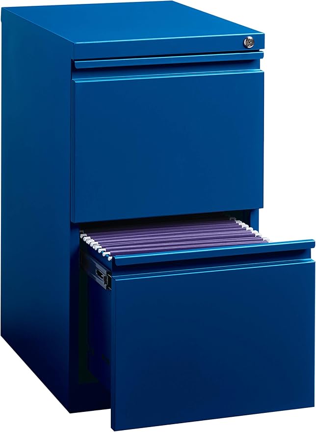 20 Inch Deep Metal Mobile Pedestal File 2 Drawer File-File with Full Width Pull, for Home and Office, Holds Letter Width Hanging Folders, Classic Blue