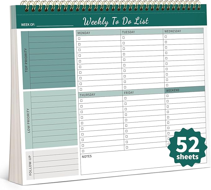 Weekly To Do List Notepad, 52 Undated Sheets (8.5"×11") Duplex-printed Weekly Planner Notepad For Work Home School Office Desk Accessories Supplies & Goal Setting Tasks - Green