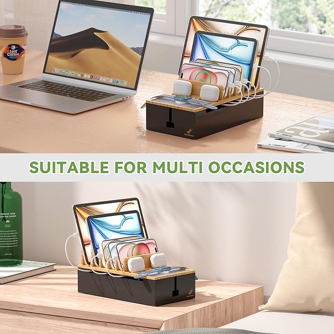 Pezin & Hulin Cable Management Box, Docking Station for Multi Devices, with 5 Ports Charge Adapter and 6 Cables, Wire Organizer for Cords, Box to Hide Cords and Storage Power Strip -Natural + Black