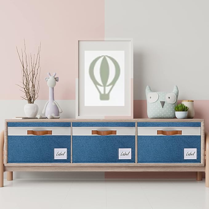 GhvyenntteS Fabric Storage Bins with Lids (3 Pack), Large Closet Storage Baskets with Lid and 3 PU Handles, Foldable Fabric Storage Boxes with Label Window for Home Office (Blue, 15" x 11" x 9.7")