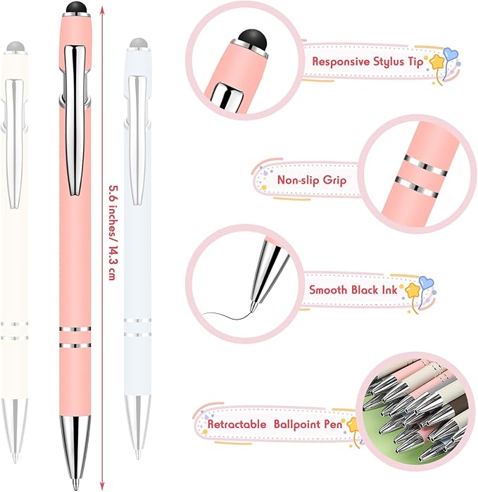 Yeaqee 100 Pieces Ballpoint Pen with Stylus Tip Click, 2 in 1 Black Ink, 1.0 mm Medium Point Stylus Metal Pen for Touch Screen Tablet (Mixed Colors)