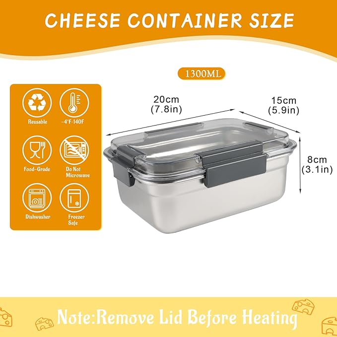 Cheese Container for Refrigerator,Cheese Stainless Steel Container with Lids,Deli Meat Saver,Shredded Cheeses Storage Containers for Fridge,Stackable Kitchen Keeper,Sliced Cheddar Holder