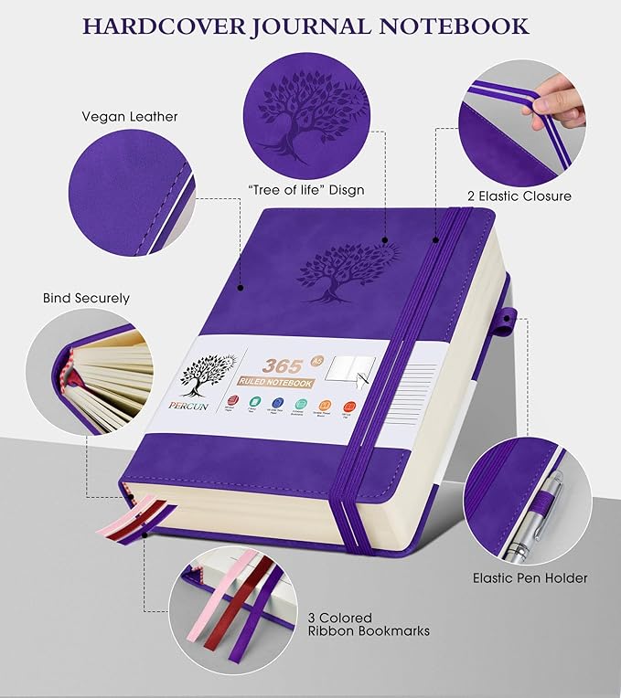 A5 Lined Journal Notebook - 365 Page Leather Journals for Writing Women & Men,Hardcover Notebook with 100Gsm Thick Pages,Daily Diary for Travel, Work,School,Note Taking,College Ruled (5.9" x 8.5")