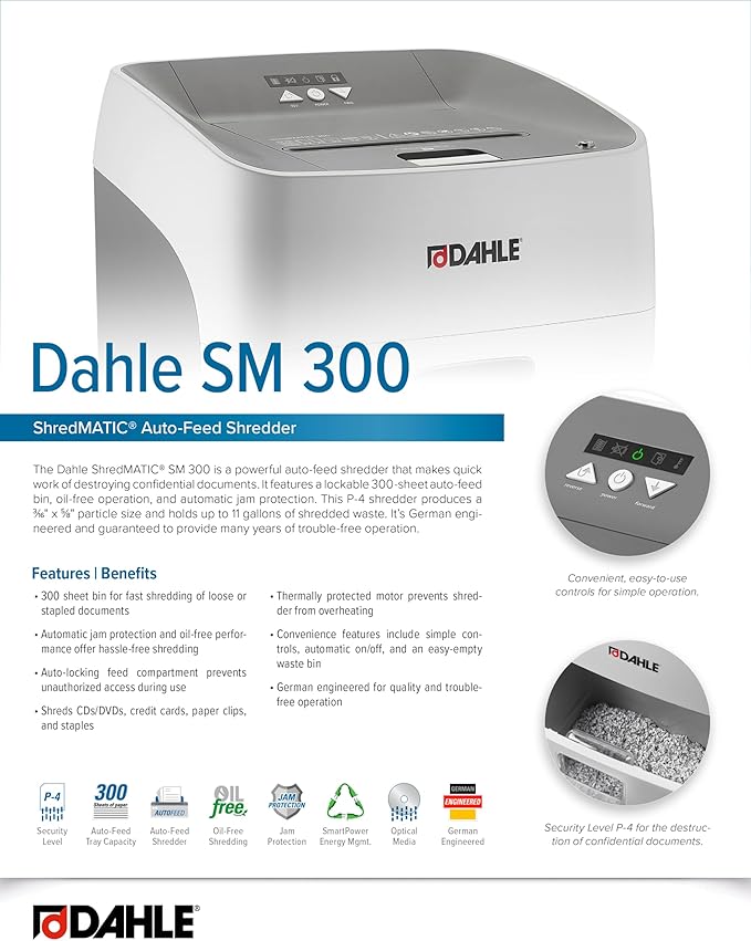Dahle ShredMATIC SM 300 Auto-Feed Paper Shredder, Cross Cut, 300 Sheet Bin, German Engineered, Jam Protection, Oil Free, SmartPower, P-4 Security, Shreds CDs/Staples/Paper Clips/Credit Cards