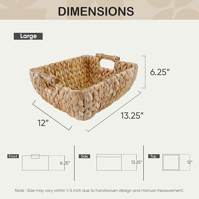 Large Rectangular Handwoven Wicker Basket - Water Hyacinth Storage Baskets with 2 Polished Wooden Handles for Store Hand Towels, Fruits & Veggies etc - 13.25"x12"x6.25" - Pack of 2 - Natural