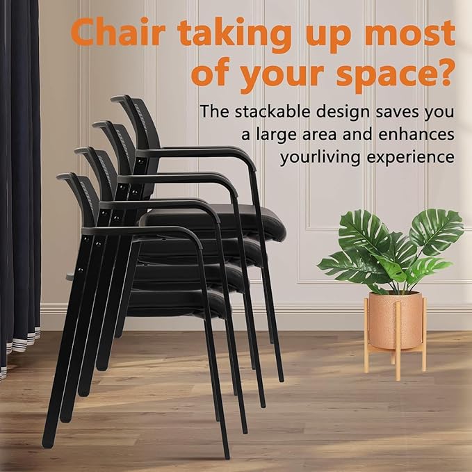 CLATINA Stackable Office Chair, Mesh Back Guest Chairs with Comfortable Leather Seat Arms Stacking Ergonomic Desk Chair No Wheels for Conference Waiting Reception School Stationary, Black, Set of 8