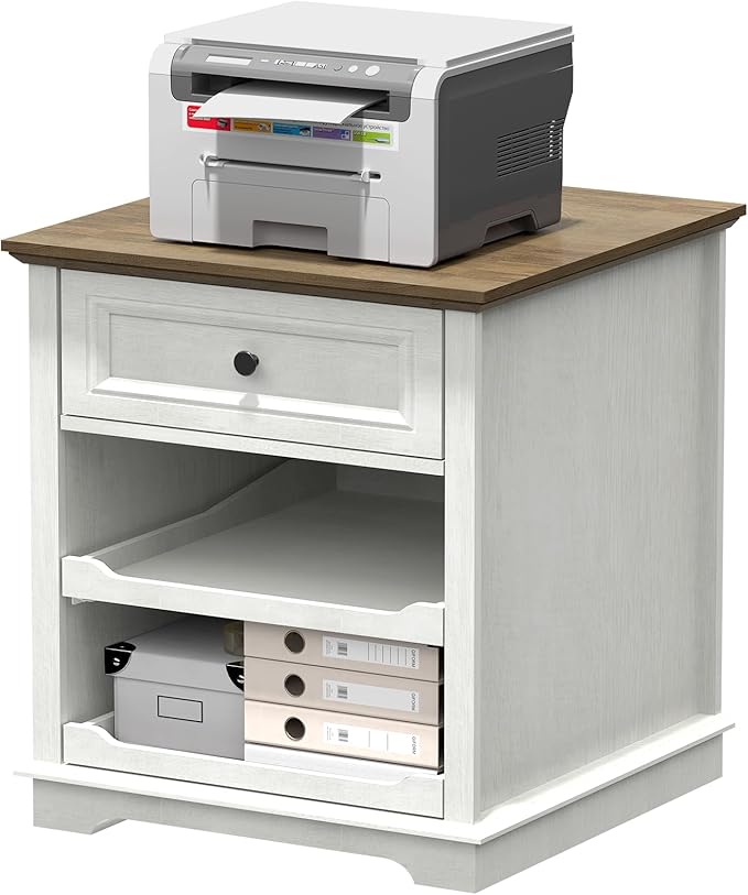 Lateral File Cabinet 3 Drawer File Cabinet with Charging Station, Printer Stand with Open Adjustable Storage Shelves, Lateral Filing Cabinet for Home Office, White