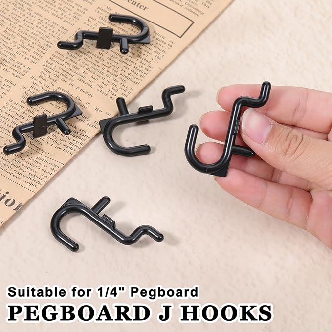 30 Pcs Black Pegboard Hooks, 1/4" Plastic Pegboard Hooks J Hooks Wall Display Assortment Peg Board Hooks for Hanging Tools Jewelry Necklaces Keys Organizer