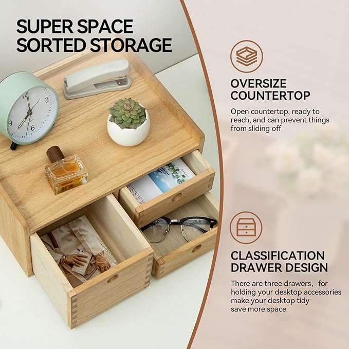 KIRIGEN Desk Organizer with 3 Drawers - Wood Drawer Storage Box with Trays for Tabletop - Workspace Office Toiletries Supplies Tool Caddy - Wooden Storage Cabinet Natural(DT1D3C-NA)