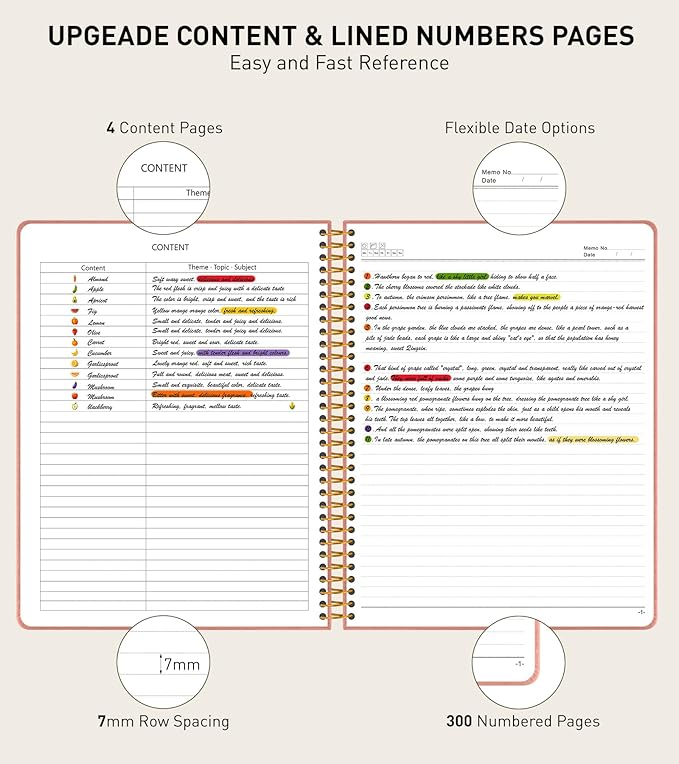 B5 Spiral Notebook Journal 7.6” x 10”, 300 Numbered Pages Hardcover Leather Journals for Women Men, Large Lined College Ruled Notebooks, 100GSM Thick Paper, Spiral Bound Journal for Work School, Pink