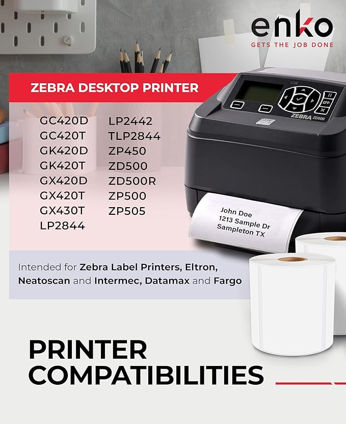 enKo 4" x 3" Labels for Zebra Desktop Printers (12 Rolls, 6000 Labels) - Blank White Direct Thermal Address Mailing Shipping Barcode FBA Stickers FNSKU Label for Zebra and Eltron (Perforated)