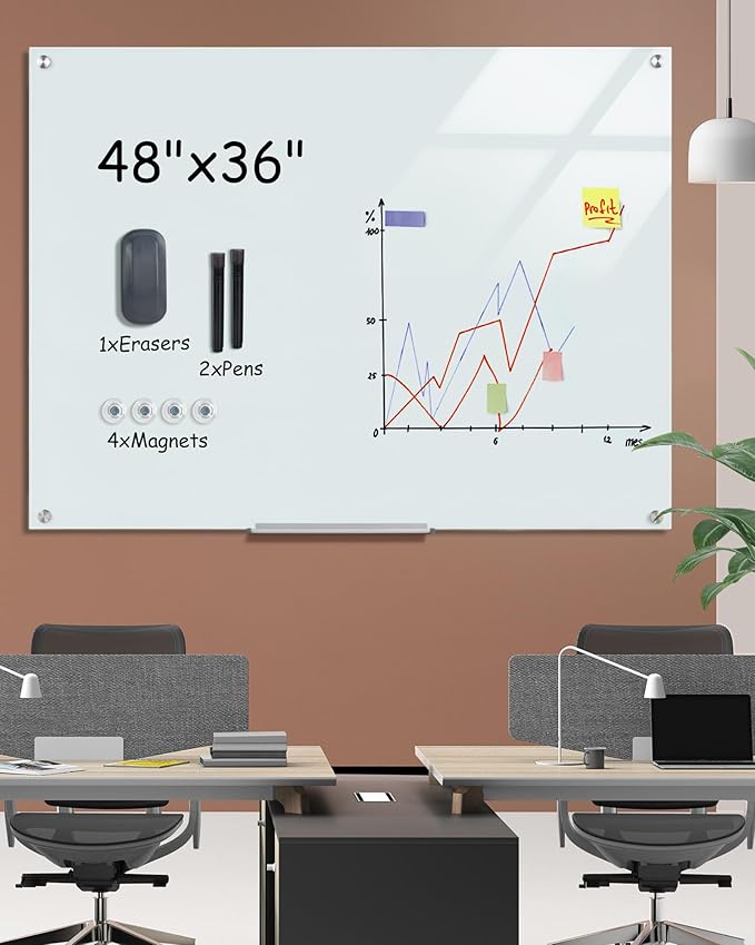 Magnetic Glass Whiteboard,48"x36" Wall Mounted Frameless Dry Erase Board for Office, Home & School White