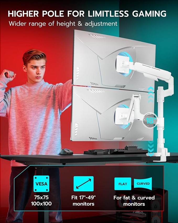 Vertical Dual Monitor Mount for 17-49 Inch Ultrawide Heavy Duty Curved Screen Stacking, Computer Monitor Arm Desk Mount with USB, Gas Spring Adjustable Vesa Stand, White