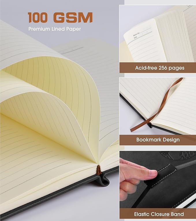 Lined Journal Notebook for Women Men,256 Pages A4 Large Hardcover Leather Journals for Writing,Travel,Business,Work,School,College Ruled Notebooks for Note Taking,Diary Notepad 8.6"×11" (Black)