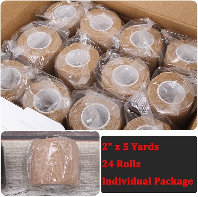 24 Pack Brown Breathable Self Adhesive Bandage Wrap 2 in, Multi-Purpose Non-Woven Cohesive Wrap - Vet Wrap | Athletic Tape | Medical Tape, Ankle Sprains, Swelling, Pets.