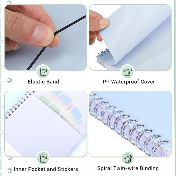 3 Pcs Spiral Notebook 5.9x8.3, 140 Pages Small Notebook for Women A5 College Ruled Journals Cute Notebooks with Large Pockets and Index Stickers for Home School Office Use(Purple, Green, Blue)