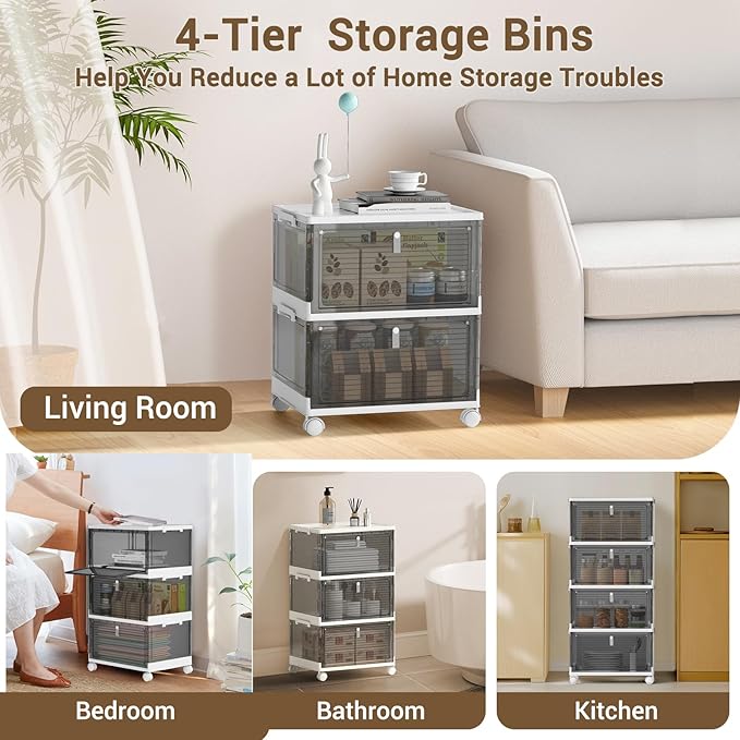 Storage Bins with Lids,4 Tier Stackable Storage Bins with Drawers,4 Pack Collapsible Plastic Boxes with Wheel-1 Lid,23QT Foldable Containers for Closet Living Room Bedroom Office(Grey)