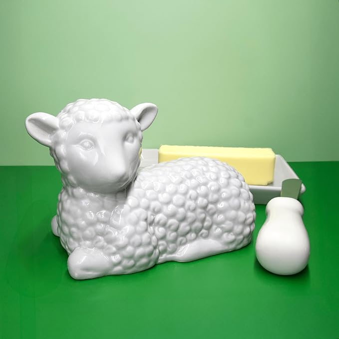 Lamb Butter Dish with Lid – Ceramic Farm Animal Butter Holder for Countertop Storage – Cute Sheep Design for Spring, Easter, or Farmhouse Kitchen Décor – Holds Standard Butter Stick