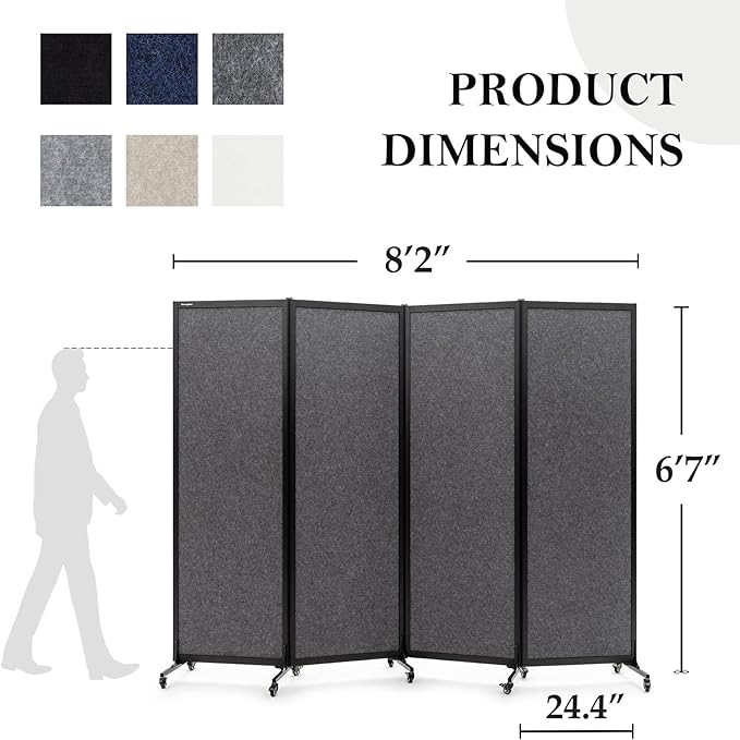Upgrade Version Room Partition and Divider, Freestanding Rolling Dividers with Wheels,Office Privacy Screen Divider Wall,Classroom Felt Dividers,8'2"L* 6'7"H,4 Panel,Dark Grey
