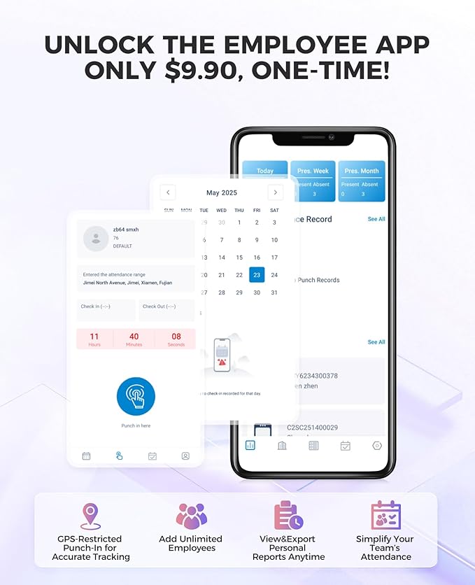 NGTeco Cloud Time Clock for Employees Small Business, Fingerprint+Card Time Clocks With Battery, 2.4G & 5G WiFi Times Clock Punch Machine with Remote Control Software & iOS/Android App (0 Monthly Fee)