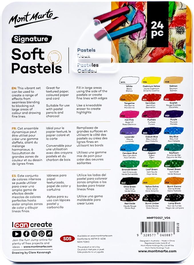 Mont Marte Soft Pastels in Tin Box Signature 24pc, 24 Assorted Colors, Vibrant Pastel Sticks, Great Blending, Comes in Storage Case, Ideal for Art, Craft, Coloring and Sketching