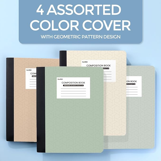 SUNEE Composition Notebooks - Wide Ruled Paper, 4 Pack Composition Book, 9 3/4" x 7 1/2", 80 Sheets/160 Pages, Assorted Morandi Colors, School & Office Supplies