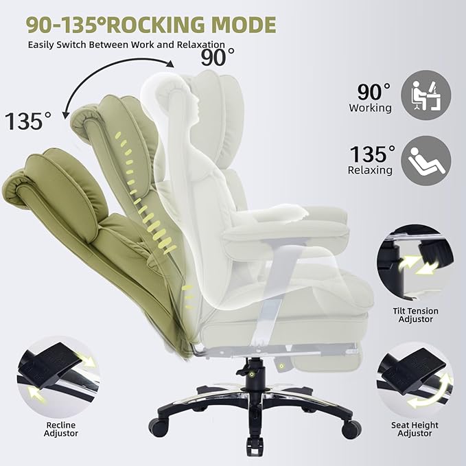 Efomao Big and Tall Office Chair with Footrest – High Back Computer Chair with Adjustable Armrests,Executive Office Chair with Wide Seat, Modern Desk Chair for Home Office, Gaming, or Study, Green